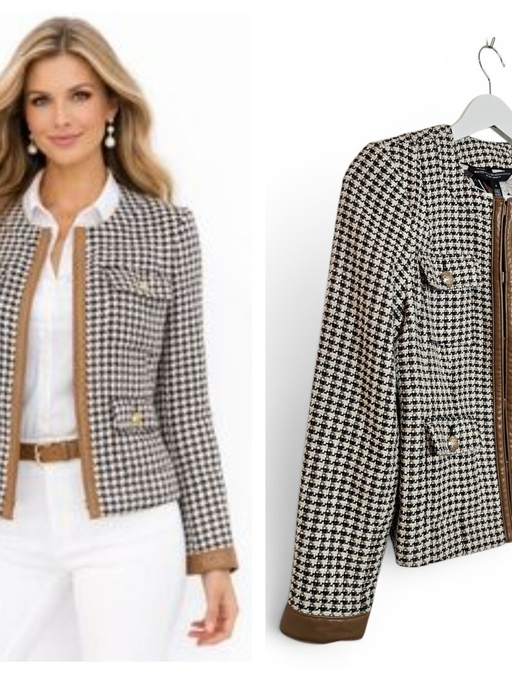 WHBM The Stylist Jacket Womens 4 Houndstooth Faux Leather Trim Gold Button Brown